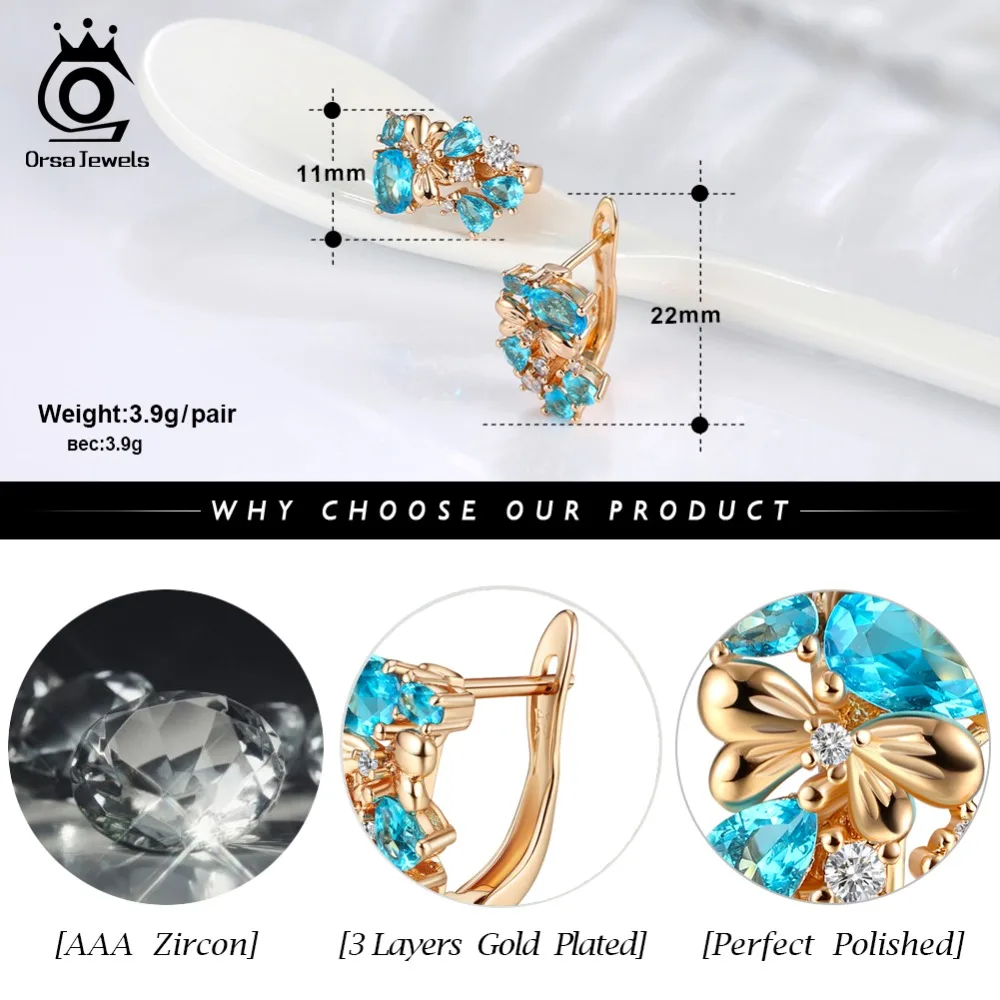 ORSA JEWELS, высокое качество, золотые женские Сияющие серьги-гвоздики, AAA, Синий и Красный кубический циркон, Роскошные вечерние серьги, ювелирное изделие, подарок OME60