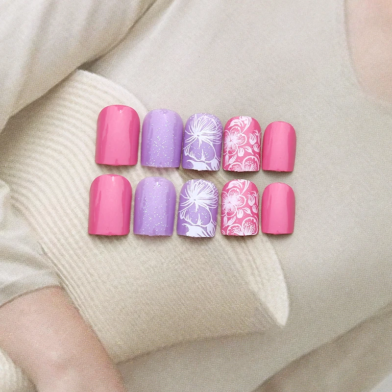 Elegant 24pcs/set Romantic purple Painted flowers design false nails Middle-long lady full nail tips Patch art tool bride | Красота и