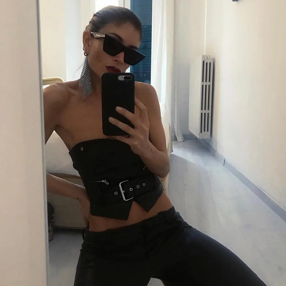 Women Fashion Strapless Metal Button PU Leather Tank Tops Sexy Sleeveless Tunic Slim Casual Crop Top Zipper Vest Tees | Женская одежда