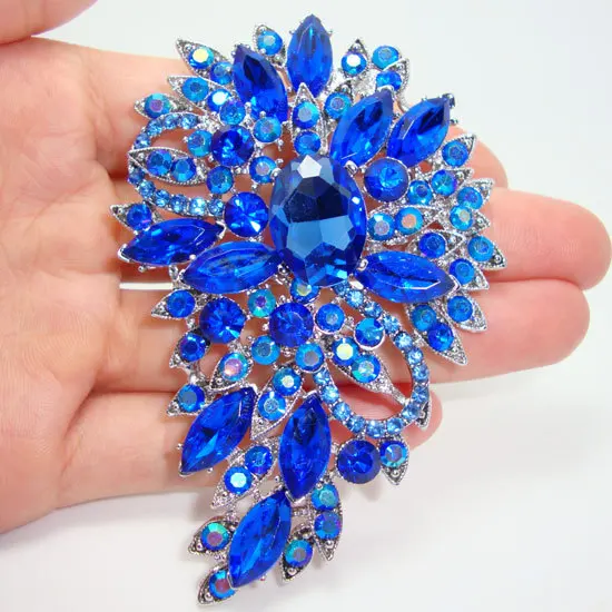 Vintage Style Flower Oval Brooch Pin Rhinestone Crystal Blue Pendant | Brooches
