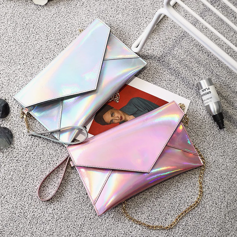 Новинка 2017 года Для женщин лазерная серебро Цвет Сумки голограмма клатч конверт
