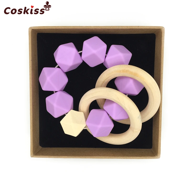 Anillo mordedor de madera para beb&eacute;, chupete de madera org&aacute;nico Montessori, juguete de cuentas de silicona, mordedor infantil sin BPA-2