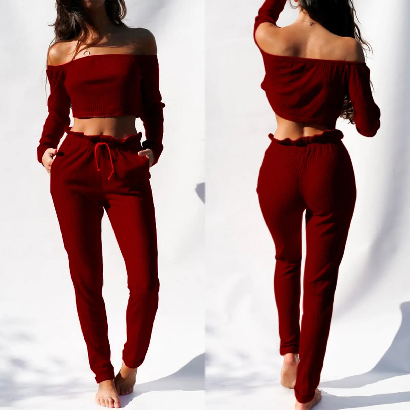 

2pcs New Fashion Women Off Shoulder Long Sleeve Crop Tops & Full Length Drawstring Pants Leggings Trouser Outfits Sets