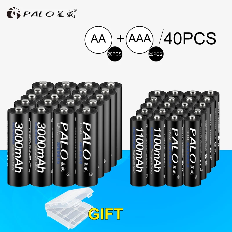 

Palo 20Pcs 1.2V 3000mAh AA Battery+20Pcs 1.2V 1100mAh Battery NI-MH AA/AAA Rechargeable Battery For Toys Car Calaculators Camera