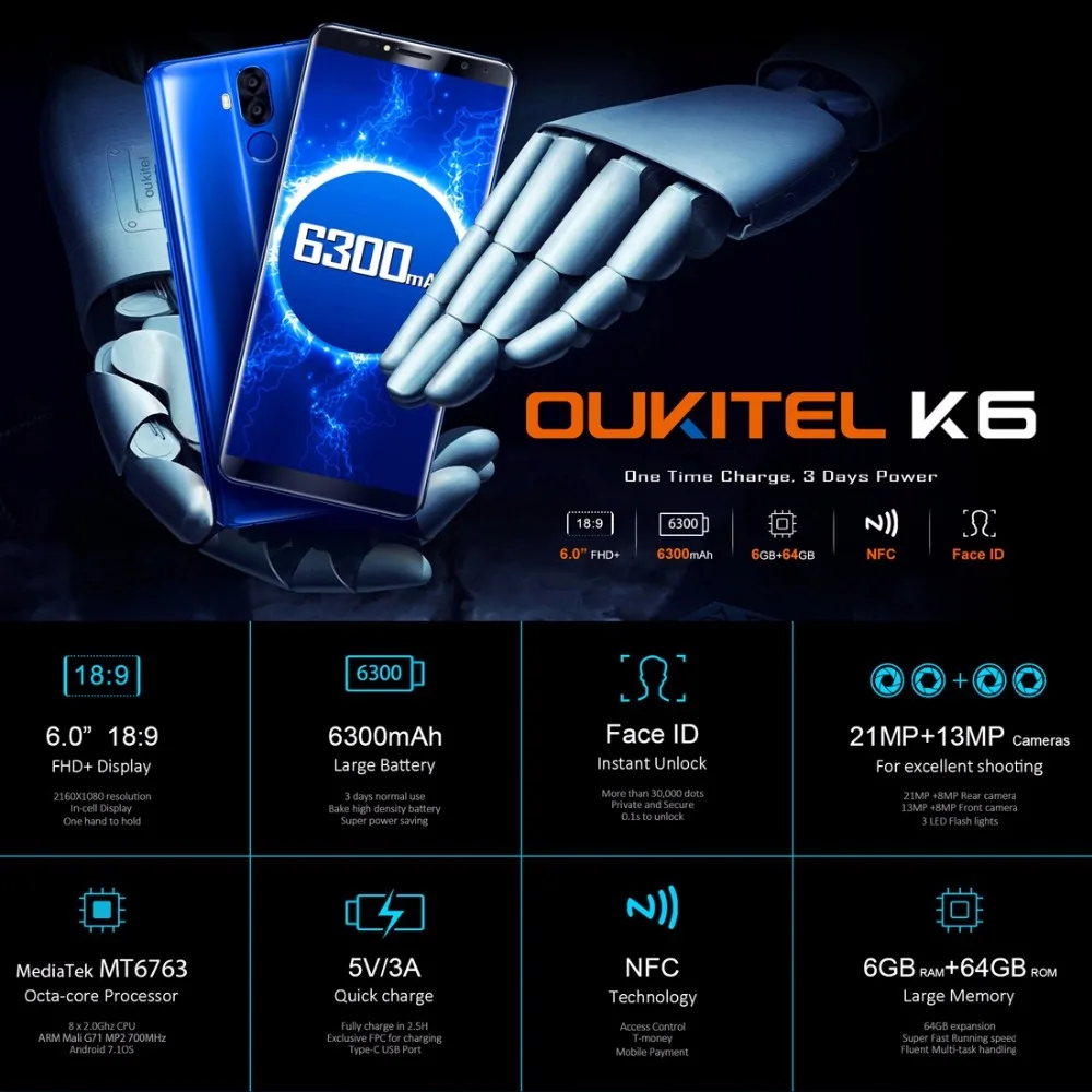 Oukitel K6 6 0 дюймов 18:9 полный Экран смартфон 4G MT6763 Octa Core Android 7 1 ГБ Оперативная память B