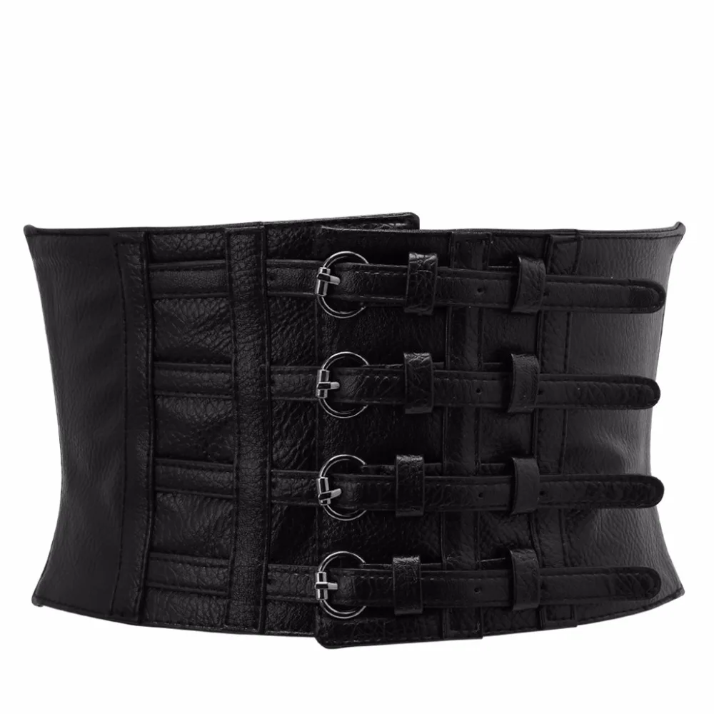 Retro Design Lady's Adjustable Slim Faux Leather Body Waist Shape 2-Way Closing Wide Elastic Belt Stretch Waistband Black | Аксессуары