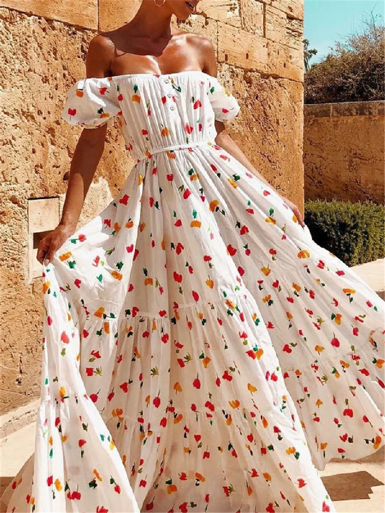 Boho платье с открытыми плечами и вишневым принтом женское сексуальное платье макси с вырезом лодочкой летнее пляжное длинное платье с коротким рукавом vestidos