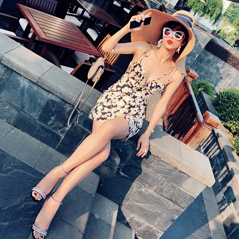 Summer Beach Dress Elegant Vintage Kwaii Yellow Floral Daisy Print Tunic Cami Dress Casual Off Shoulder Mini Dress Bohemian