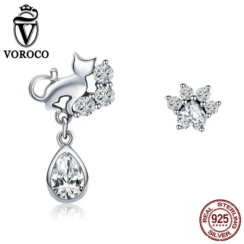 VOROCO настоящий 100% 925 пробы серебряные милые серьги-гвоздики с принтом кота и