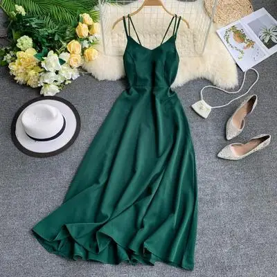 green Сексуальное длинное платье на бретельках для женщин, лето, одноцветное пляжное платье с v-образным вырезом на спине, вечерние платья макси, женское платье, Vestidos - Цвет: green