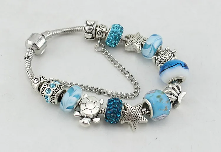 Женский браслет с подвесками в виде морской звезды синий цвет|charm bracelet|bracelet