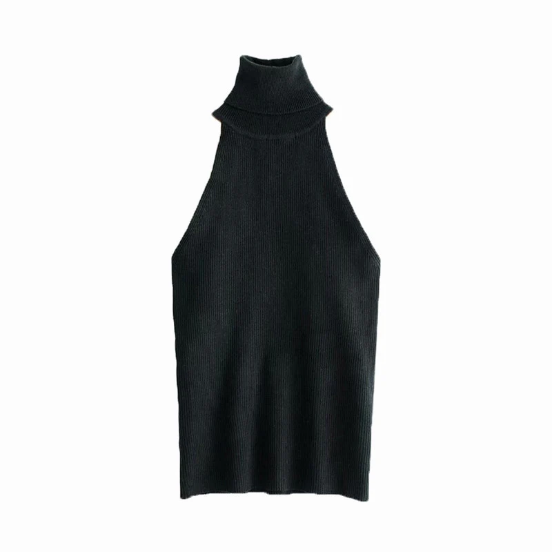 

Women style knitted sleeveless halter tank top solid pullovers elegant stylish female casual stylish black tops