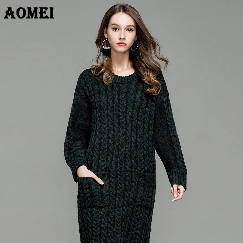 Oversized Sweater Midi Irregular Dresses with Pocket Twisted Ribbed Jumper Tunic Fashion Knitted Split PulloverBlack Grey Color | Женская
