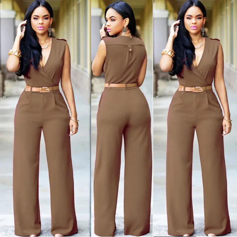 

Women Fashion Rompers Jumpsuits V-neck Sexy Sleeveless Bodysuits Elegant Party Playsuits Wide Leg Pants With Belt