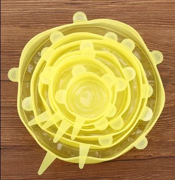 Yellow 6pcs 6 шт., силиконовые эластичные крышки, универсальная крышка, силиконовая пищевая упаковка, миска, крышка для кастрюли, силиконовая крышка, кастрюля, кулинарные кухонные принадлежности - Цвет: Yellow 6pcs