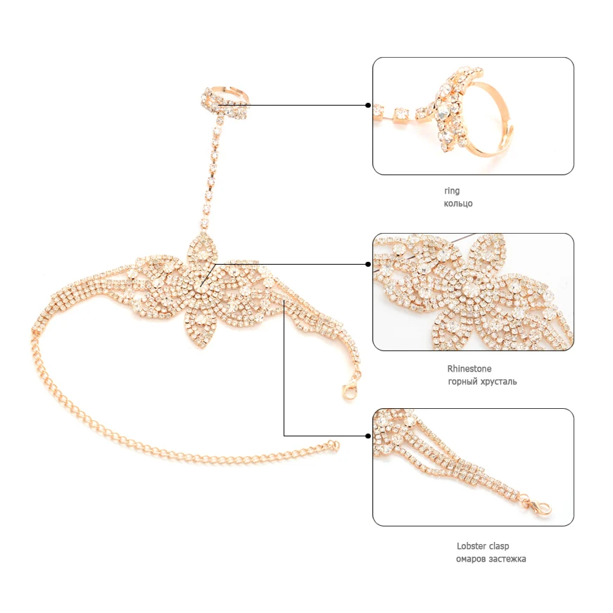Women's Wedding Crystal Bowknot Bangle Charm Rhinestone Finger Ring Bracelets - Statement Femme Jewelry image 3