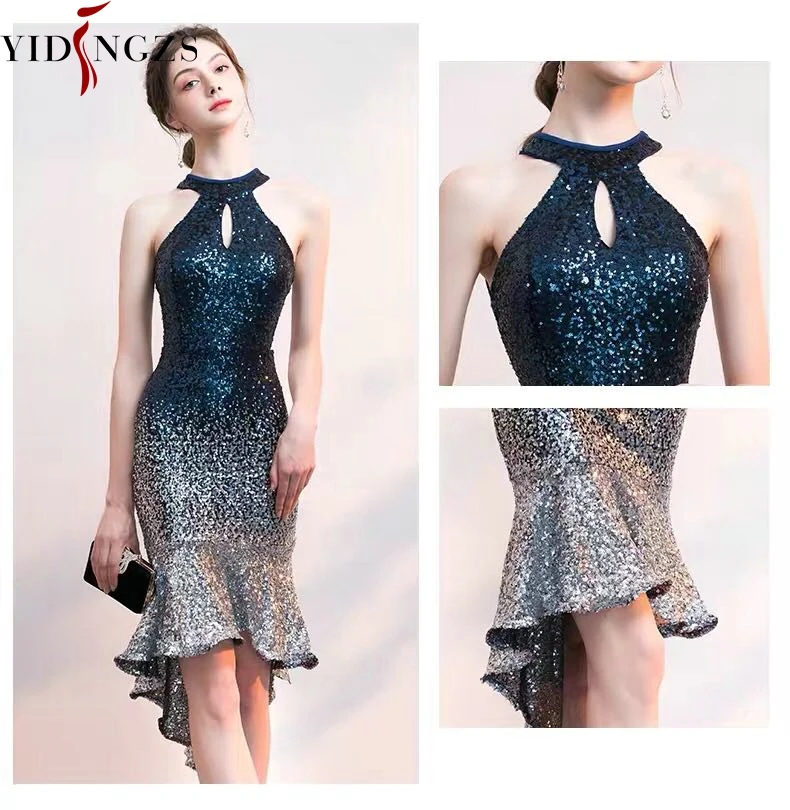 

YIDINGZS Halter Elegant Sequin Prom Dress Short Front Long Back Sparkle Evening Party Dress YD661