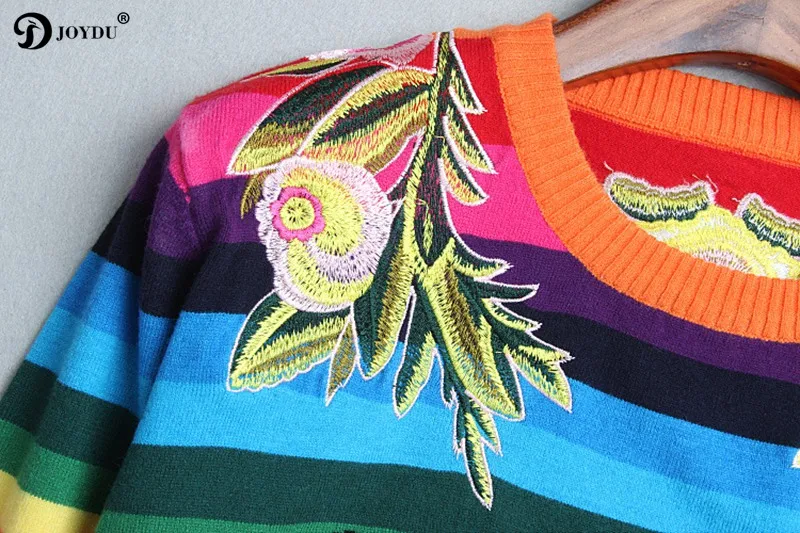 JOYDU 2018 Runway Designer Winter Sweater Women Flower Embroidery Tiger Rainbow Stripe Knitted Casual Pullover Jumper pull femme | Женская