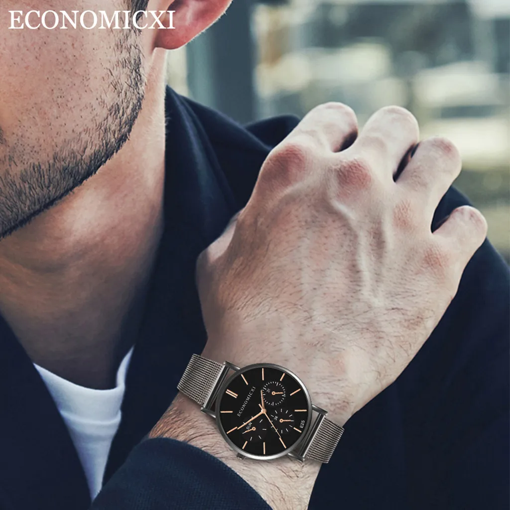 Мужские модные часы reloj hombre, простые часы из нержавеющей стали с тремя глазами, маленький циферблат, мужские кварцевые часы