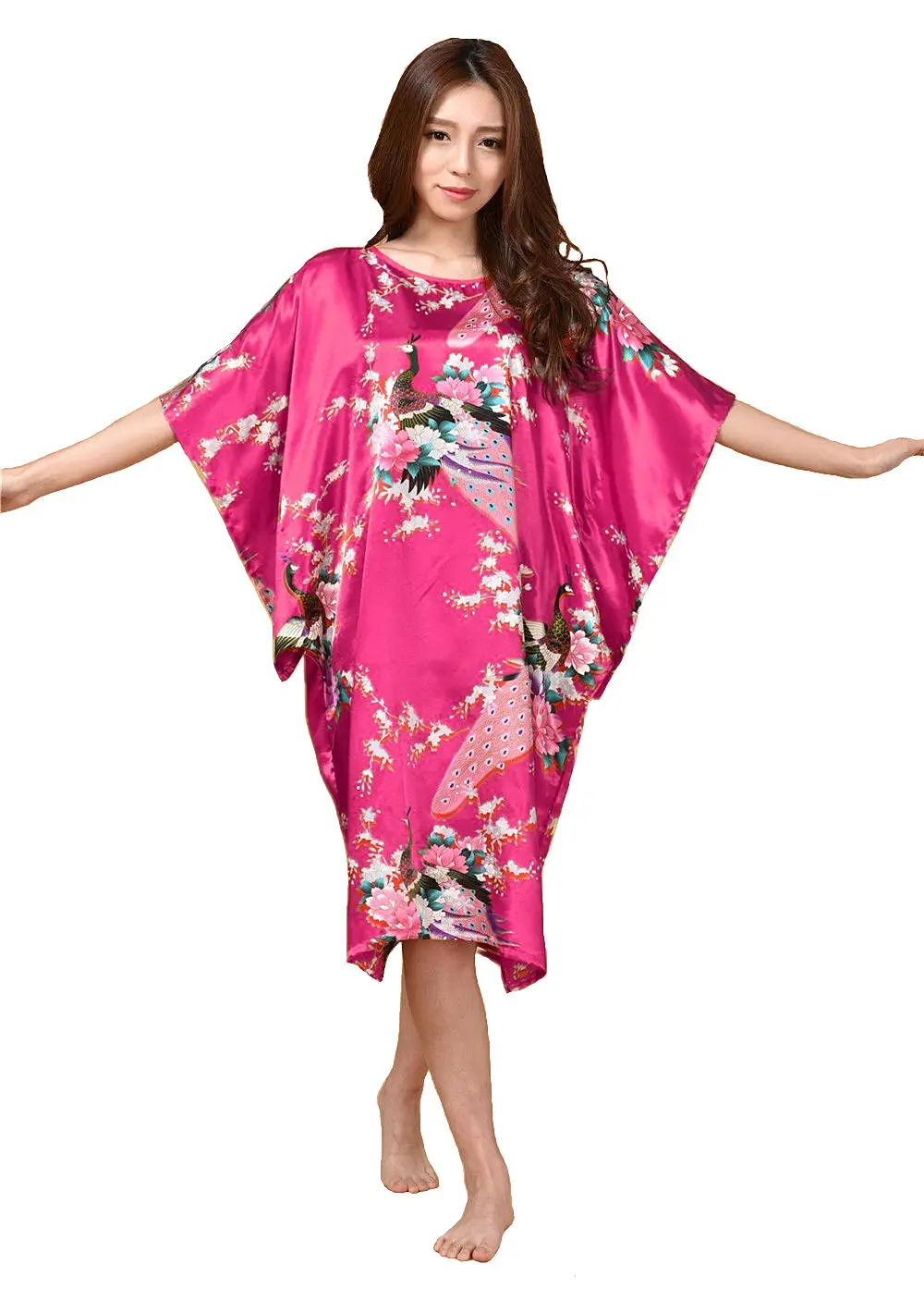 Hot Pink Черный женский халат размера плюс из искусственного шелка, модный стильный летний женский банный халат, ночная рубашка, одежда для сна, женская пижама Zh12E - Цвет: Hot Pink