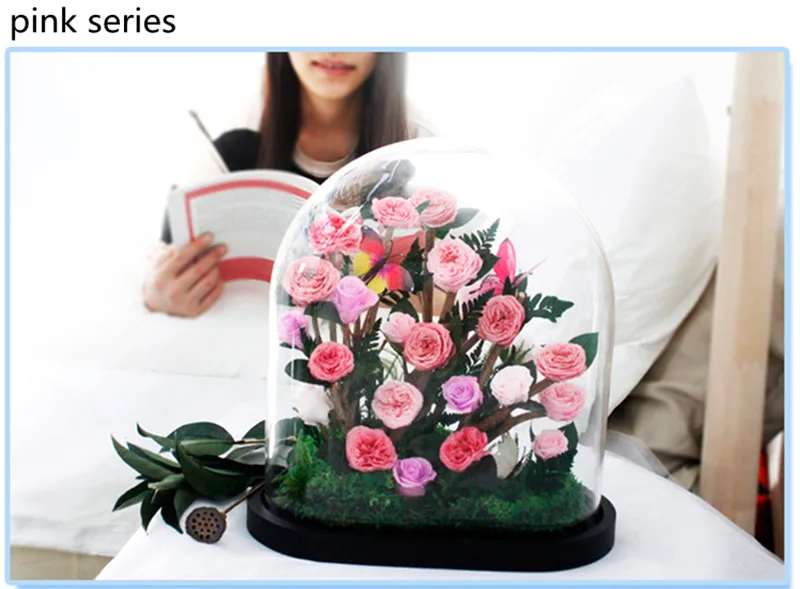 1set pink flower dom 35 см большой стеклянный купол ваза с персервированным цветком украшения дома креативный стеклянный купол и черная база соответствующие подарочные украшения - Цвет: 1set pink flower dom