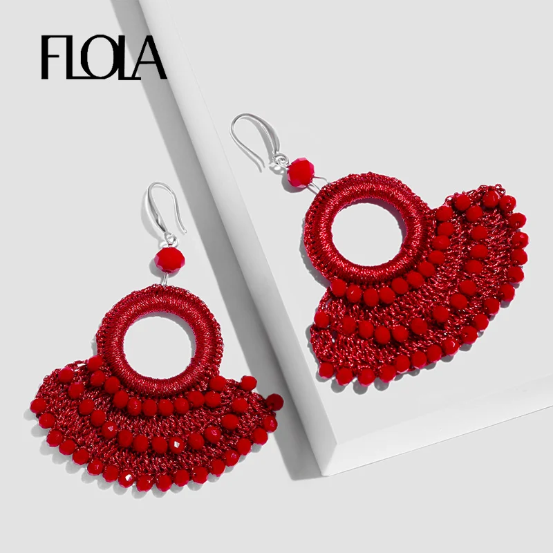 Женские серьги бусинки FLOLA Boho большие в виде веера ручной работы этнические