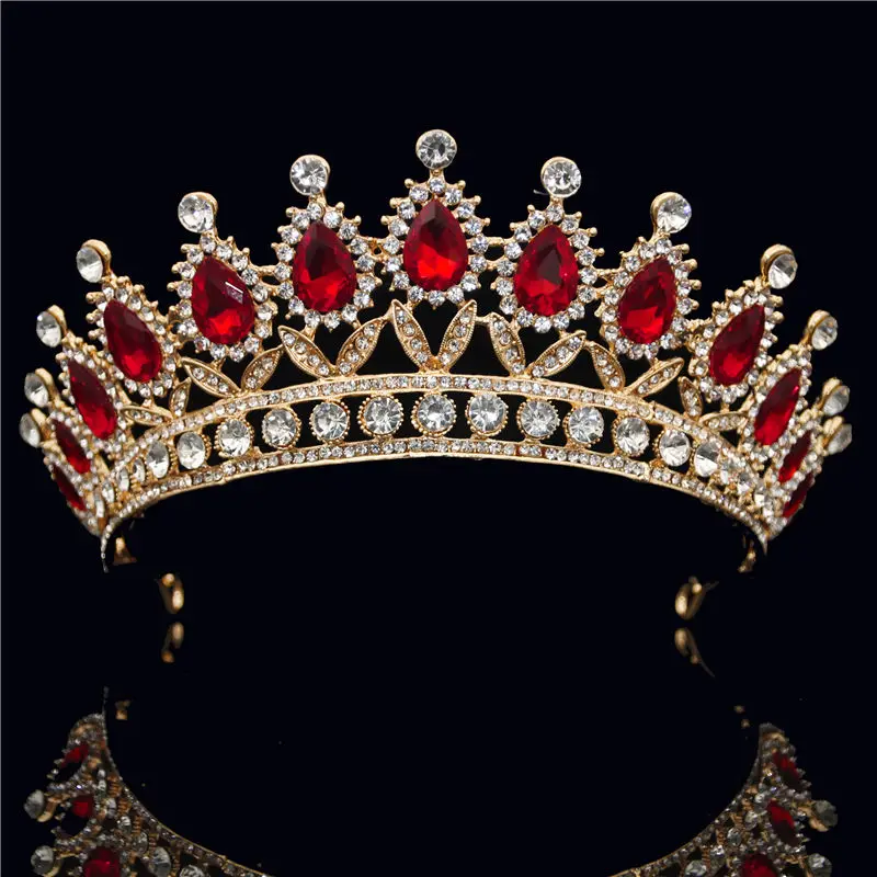 Gold Red Новая Винтажная тиара в стиле барокко, корона для королевы невесты, розовые хрустальные короны, свадебные модные украшения для волос, свадебные аксессуары - Окраска металла: Gold Red