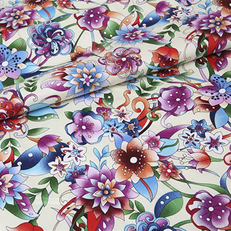 

BZ89 100*140cm Painted Flowers Printed Cotton Satin Drill Fabric For Children Women Dress Tablecloth Bedding DIY Sewing Cloth