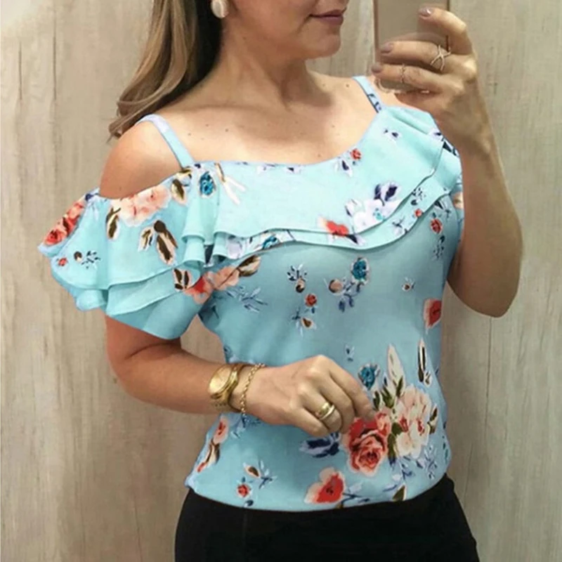 Женские топы с открытыми плечами повседневные тонкие футболки принтом Blusa Feminina