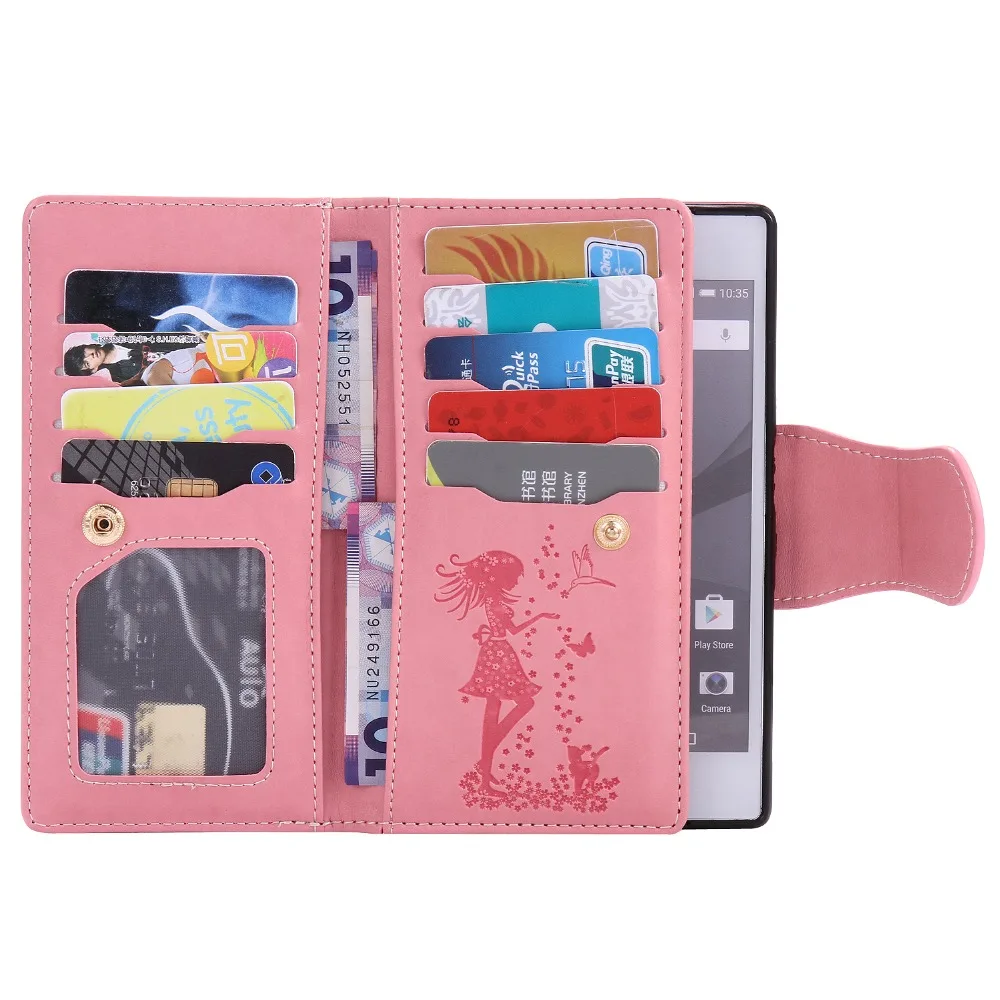 

Luxury Cartoon 9 Card Mirror Girl Cat Flip Leather Fundas Case For Sony Xperia Z3 D6603 D6643 D6653 / Z5 E6603 E6633 E6683 Cover