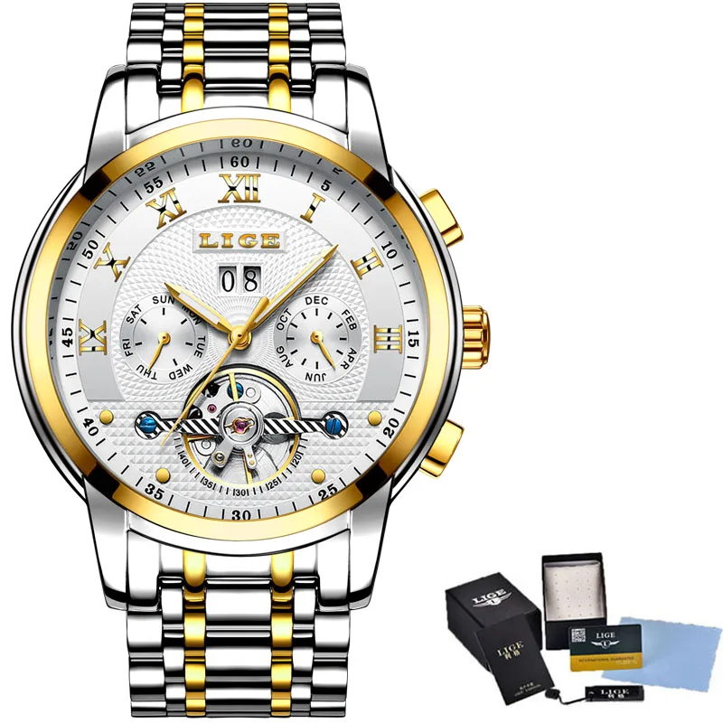 Gold White LIGE, мужские часы, Модный Топ бренд, роскошные деловые автоматические механические часы, мужские повседневные водонепроницаемые часы, мужские часы+ коробка - Цвет: Gold White