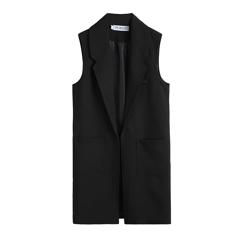 

Fashion Pockets Long Blazer Vest Women Autumn Waistcoat Turn-down Collar Sleeveless Jacket Elegant Office Lady Coat