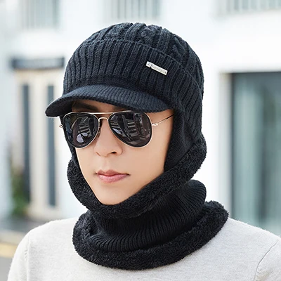 black Зимняя шапка, шарф, Skullies Beanies для мужчин, вязаная шапка, женская маска, толстая Балаклава, ушанка, шерстяной берет, мужская шапка, шапка - Цвет: black