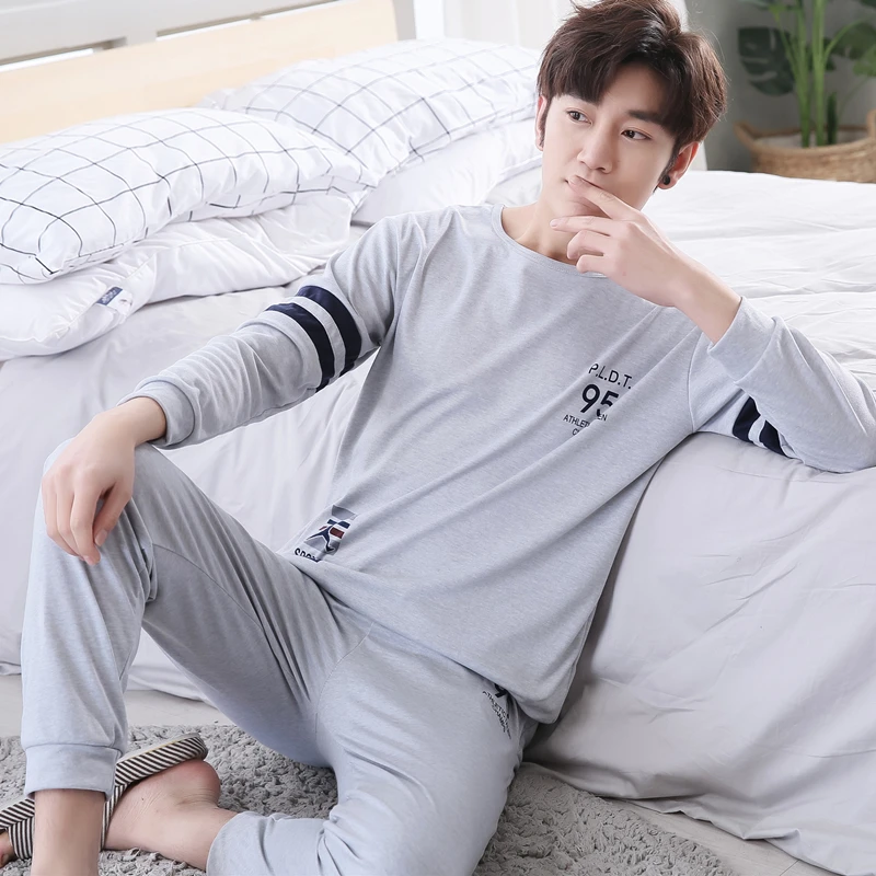 Men Pajama Sets 100% Cotton 2018 Spring and Autumn Male Sleepwear Long-Sleeve O-Neck Pullover Striped Lounge Sleep Set | Мужская одежда