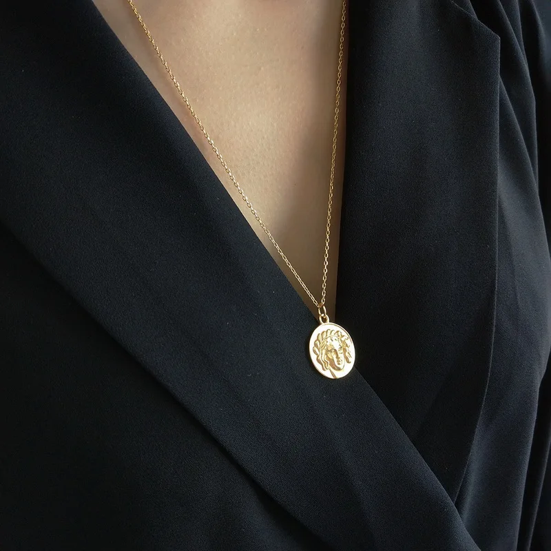 F.J4Z Real s925 Sterling Silver Gold Color Greek Myths God medallion pendant Fashion choker Pendant necklace For Women