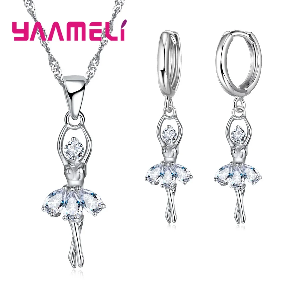 

Stylish Ballet Dancer Pendant Necklace Lever Back Earrings Jewelry Sets Shining 925 Sterling Silver with Cubic Zircon