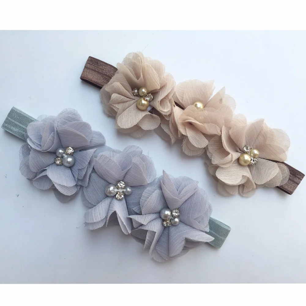 

2 pcs/lot, Kids Chiffon hand sewing flower Headbands Chiffon Beaded Flower Hair bands Kids Girl Headbands A176-7