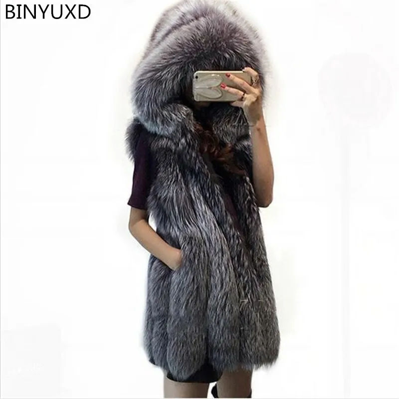 BINYUXD Hooded Fur Vest  Women Faux Fox Fur Vest Striped Long Fur Gilet Ladies Sleeveless Rabbit Fur Coat Winter Jacket