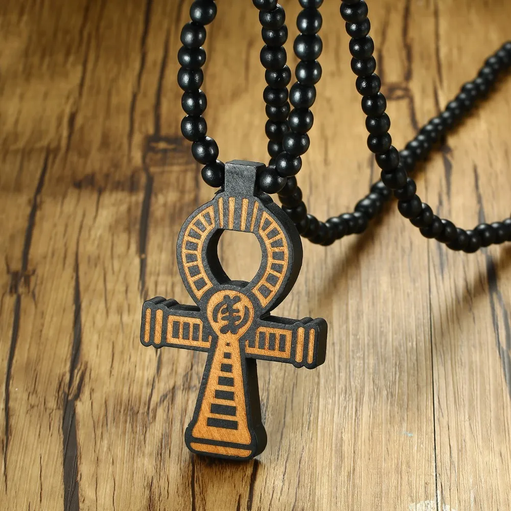Мужская коричневая деревянная подвеска Ankh Cross с 35 дюймовым деревянным бисерным ожерельем мужские Египетские украшения в стиле хип-хоп для него ключ Нил