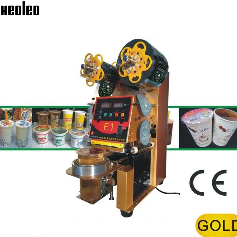 Xeoleo полная автоматическая машина для запечатывания стаканчиков для Bubble tea запайщик стаканов для детей ростом от 90/95/98 мм PP/PET/Бумага чашки 220 V/110 V адаптируемые под требования заказчика - Цвет: Золотой