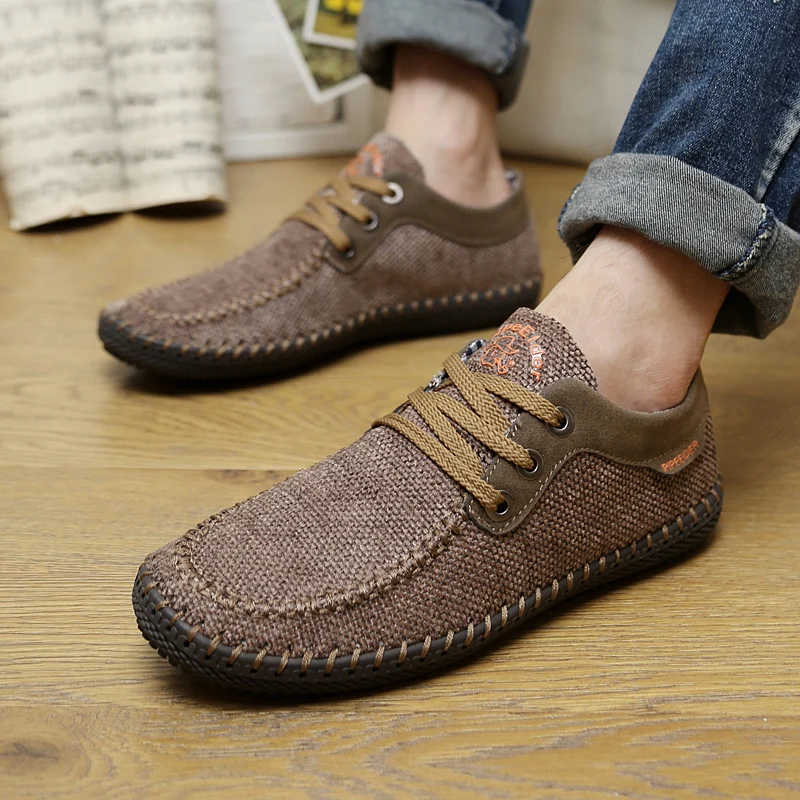 

New Men Canvas Shoes Breathable Men Casual Shoes Lace Up Yellow Gray Khaki