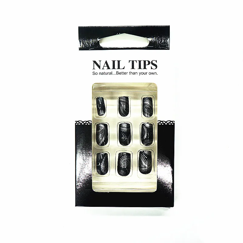 Высокое качество 12 шт. черный серебристый цвет Накладные ногти с клеем Длинные