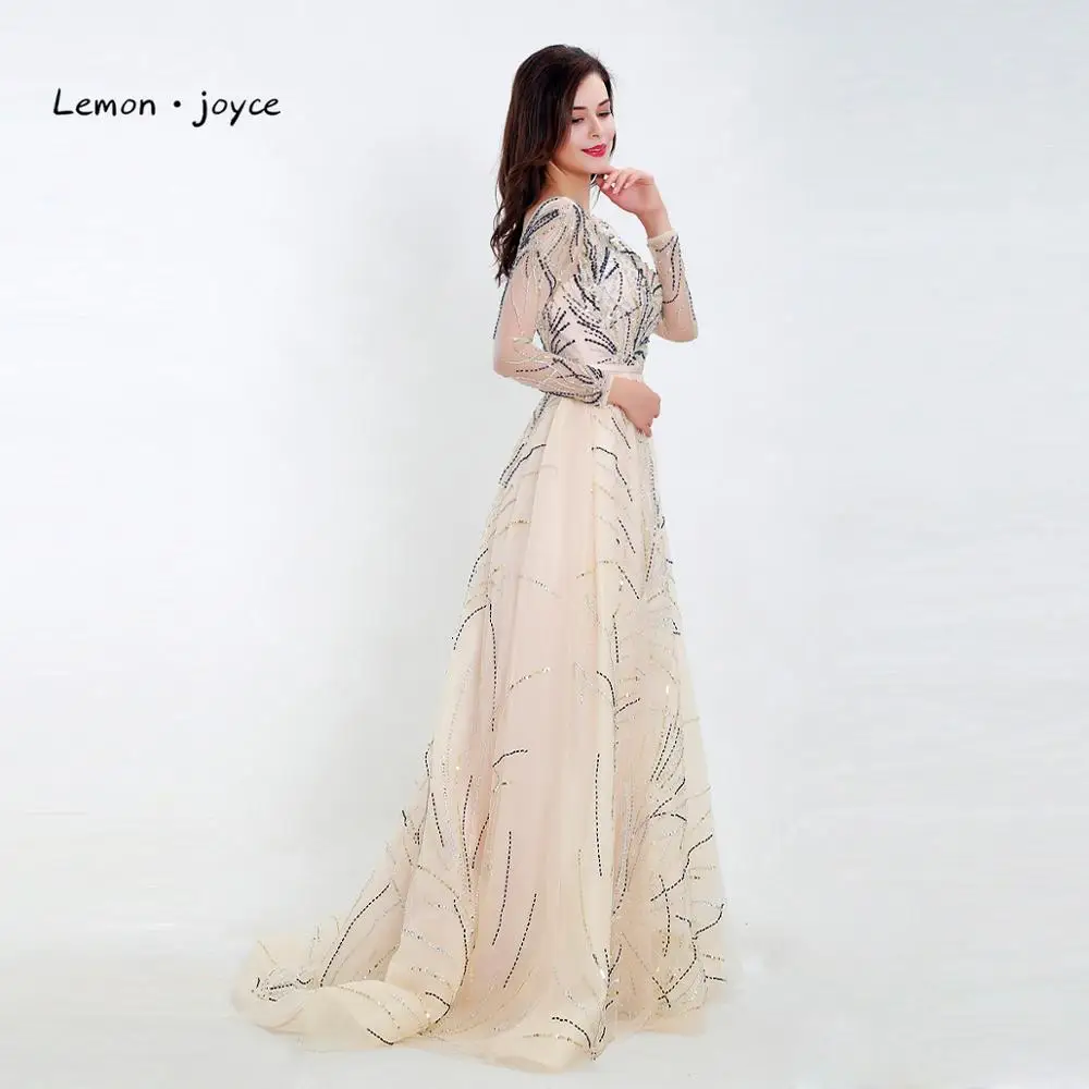 Lemon joyce Formal Evening Dresses with Long Sleeves O-neck Illusion A-Line Prom Dress Party Gowns Plus Size