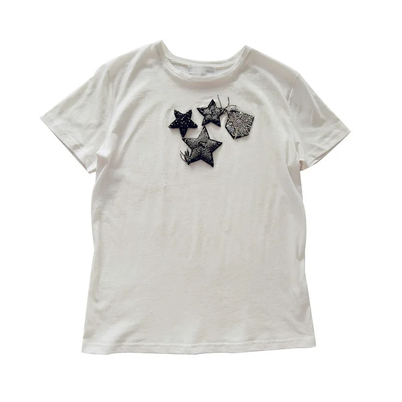 Short Sleeve Woman Round Neck Pullover Self-cultivation Rhinestone Nail Pearl Stars Stamp T Shirt M White Heavy Jacket | Женская одежда