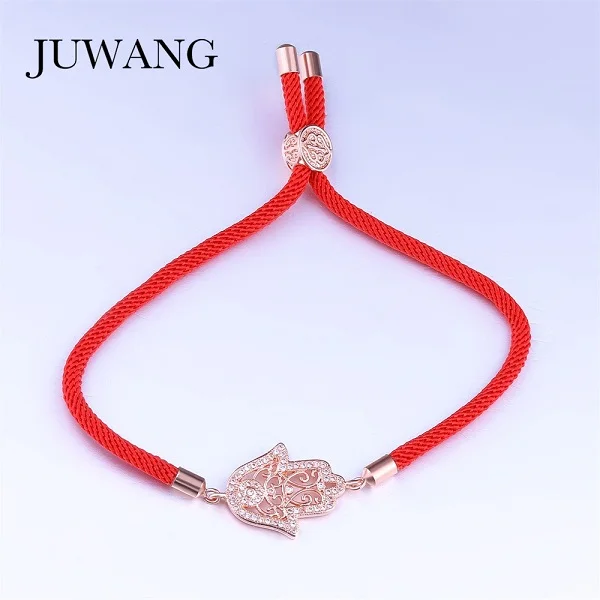 JUWANG,, золотой цвет, рука Хамса, женский браслет с шармом, для женщин, регулируемый, на удачу, красный/черный, на веревке, браслеты, ювелирное изделие, подарок - Окраска металла: rose gold-red