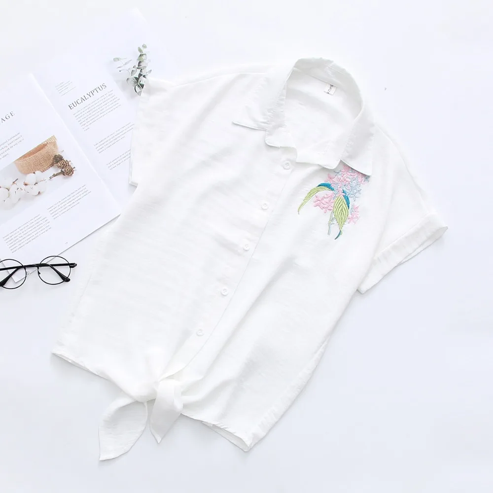 Summer 2018 Women Short Sleeve Linen Blouse Flower Embroidery Elegant Shirt Loose White Ladies Tops And Blouses |