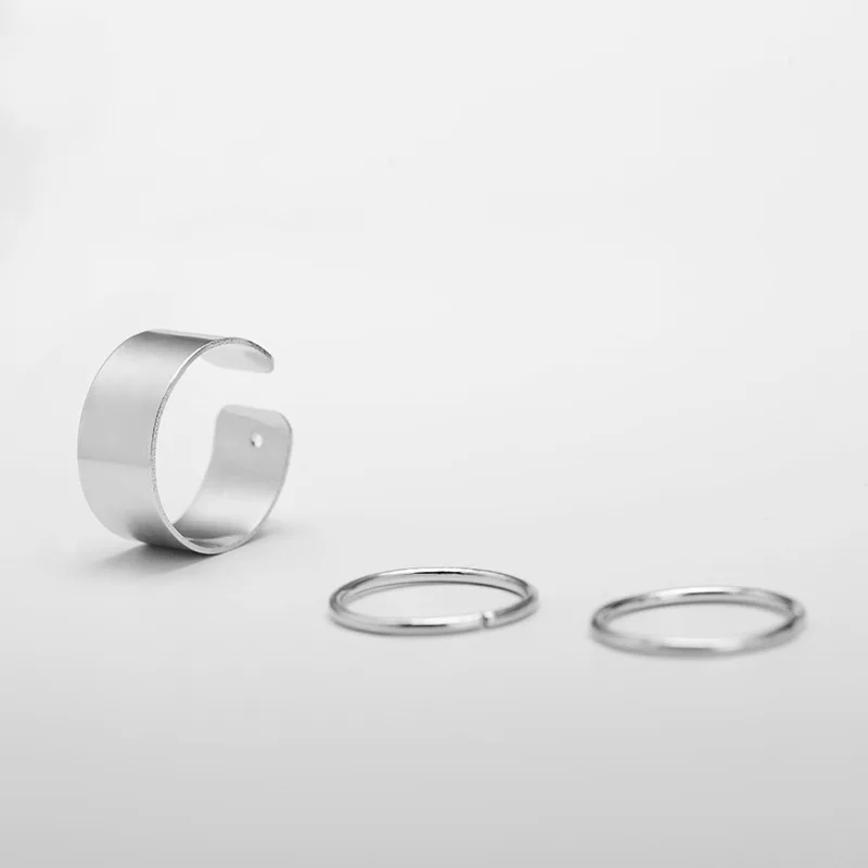 

Double Thin Band One Wide Opening Band 3 Pieces Silver Plated Golden Simple Rings set for Women