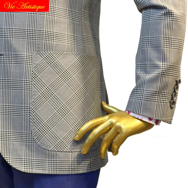custom tailor made suits 3 pieces jacket pant vest wool Men's groom tuxedos slim fit wedding grey whales lattice plaid casual
