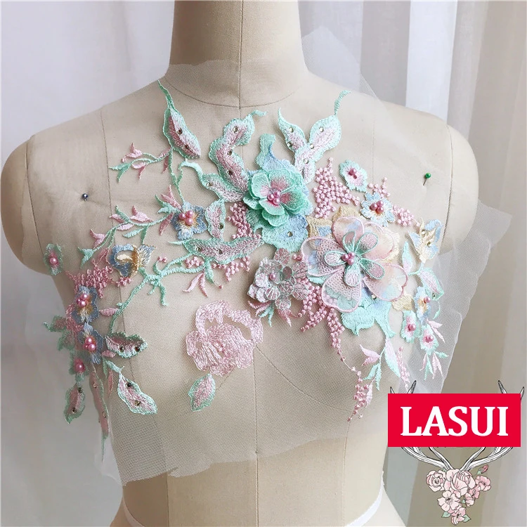 LASUI 33*28 см Высокая класс 2 цвета 3D Цветы из бисера аппликации кружева с пайетками