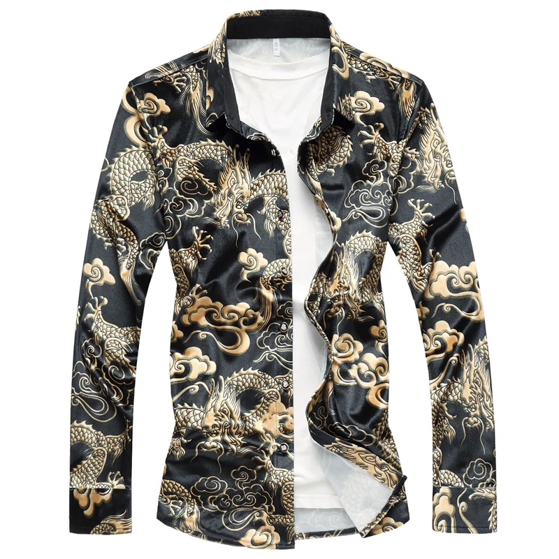 LONMMY 6XL 7XL, плюс размер, рубашка с длинным рукавом, Мужская блузка, велюр, Рисунок дракона, тонкая, повседневная, Мужская одежда, рубашки,, осень, весна